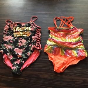 Tropical one piece and rainbow iridescent ruffled waistline one piece